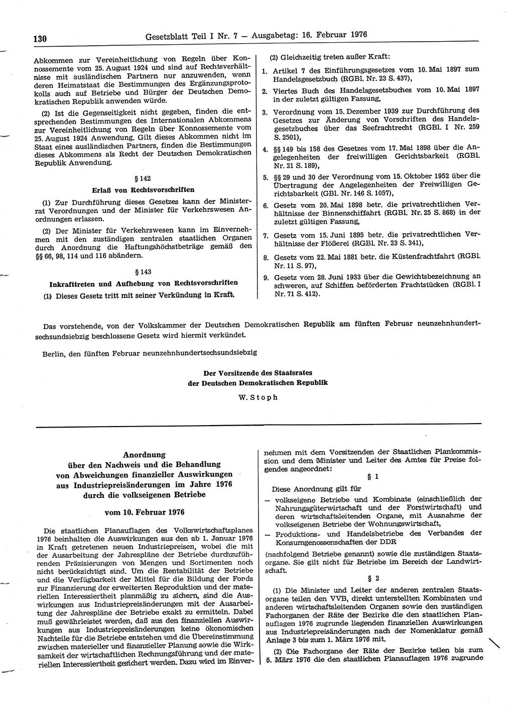 Gesetzblatt (GBl.) der Deutschen Demokratischen Republik (DDR) Teil Ⅰ 1976, Seite 130 (GBl. DDR Ⅰ 1976, S. 130)
