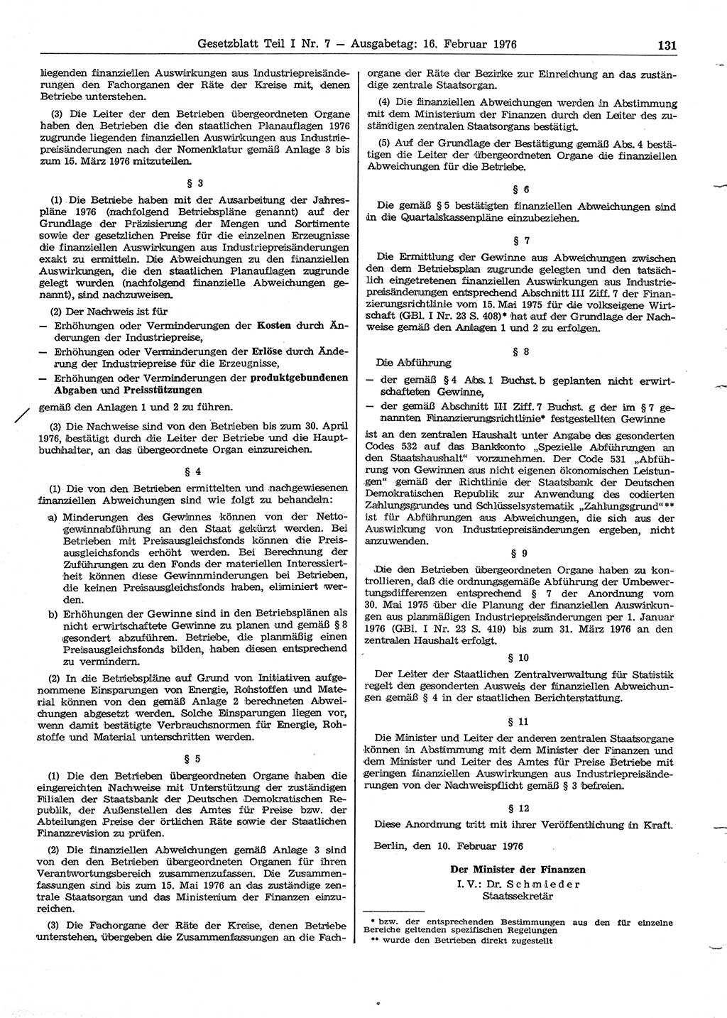 Gesetzblatt (GBl.) der Deutschen Demokratischen Republik (DDR) Teil Ⅰ 1976, Seite 131 (GBl. DDR Ⅰ 1976, S. 131)