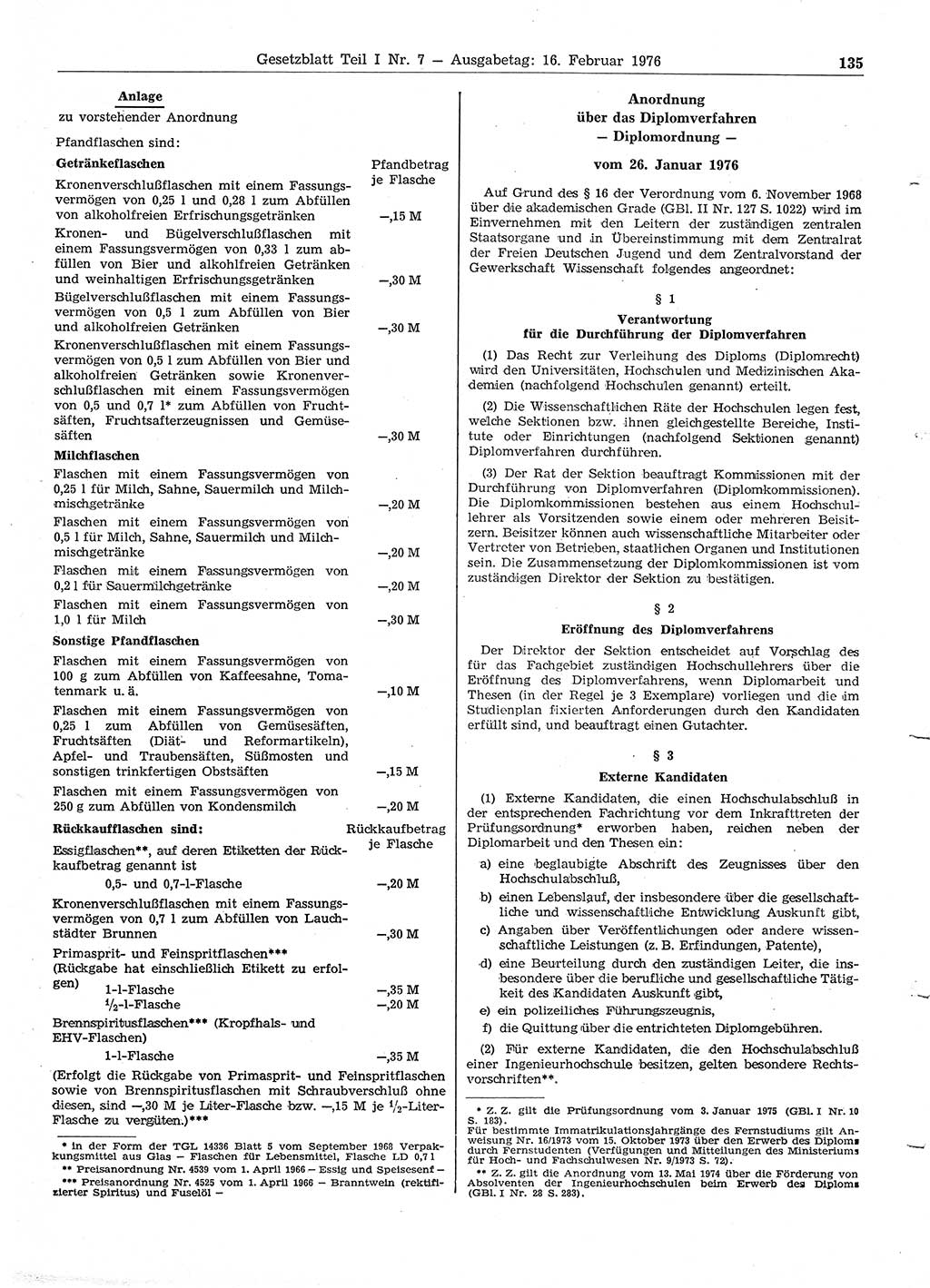 Gesetzblatt (GBl.) der Deutschen Demokratischen Republik (DDR) Teil Ⅰ 1976, Seite 135 (GBl. DDR Ⅰ 1976, S. 135)