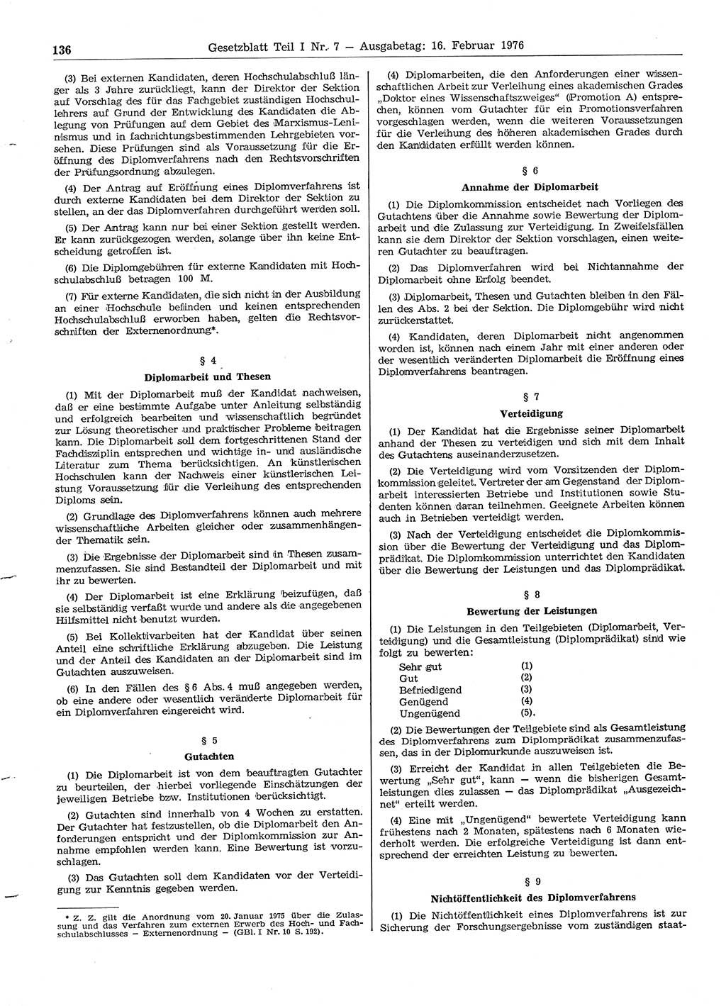 Gesetzblatt (GBl.) der Deutschen Demokratischen Republik (DDR) Teil Ⅰ 1976, Seite 136 (GBl. DDR Ⅰ 1976, S. 136)