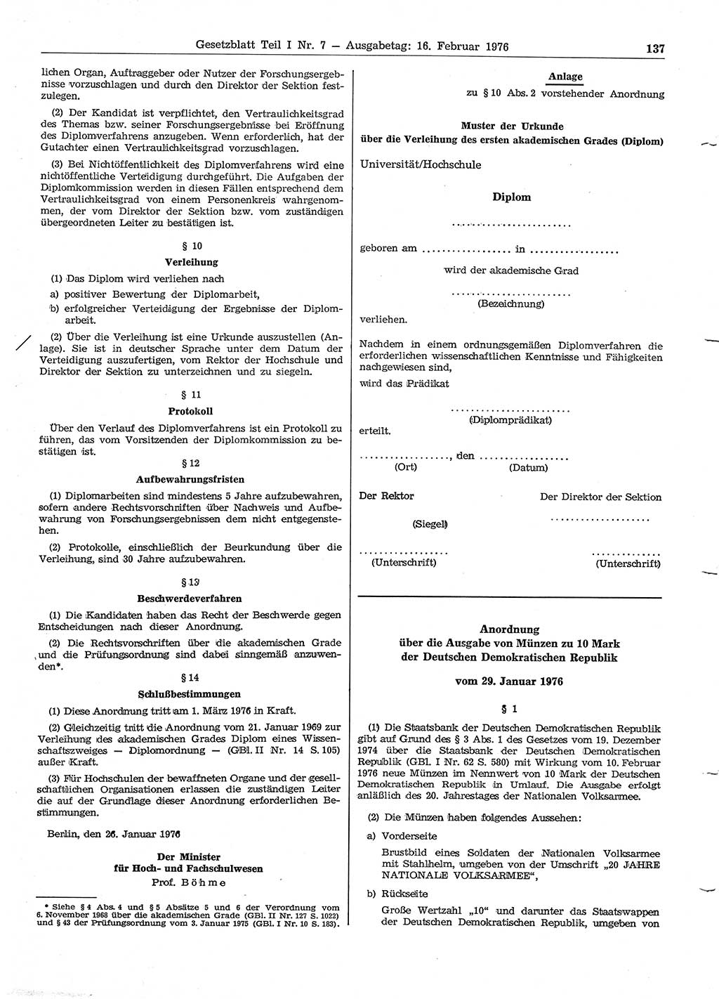 Gesetzblatt (GBl.) der Deutschen Demokratischen Republik (DDR) Teil Ⅰ 1976, Seite 137 (GBl. DDR Ⅰ 1976, S. 137)