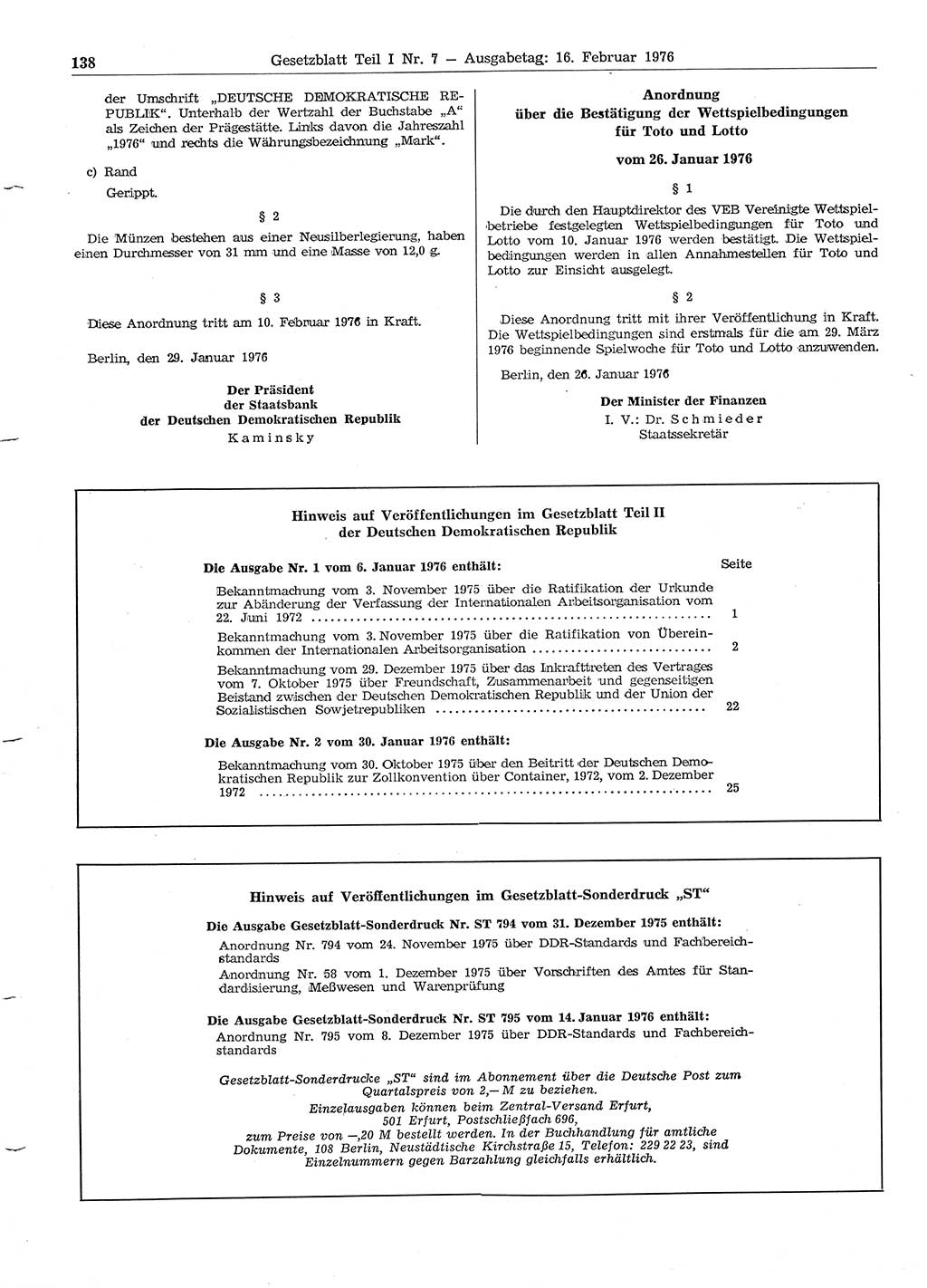 Gesetzblatt (GBl.) der Deutschen Demokratischen Republik (DDR) Teil Ⅰ 1976, Seite 138 (GBl. DDR Ⅰ 1976, S. 138)
