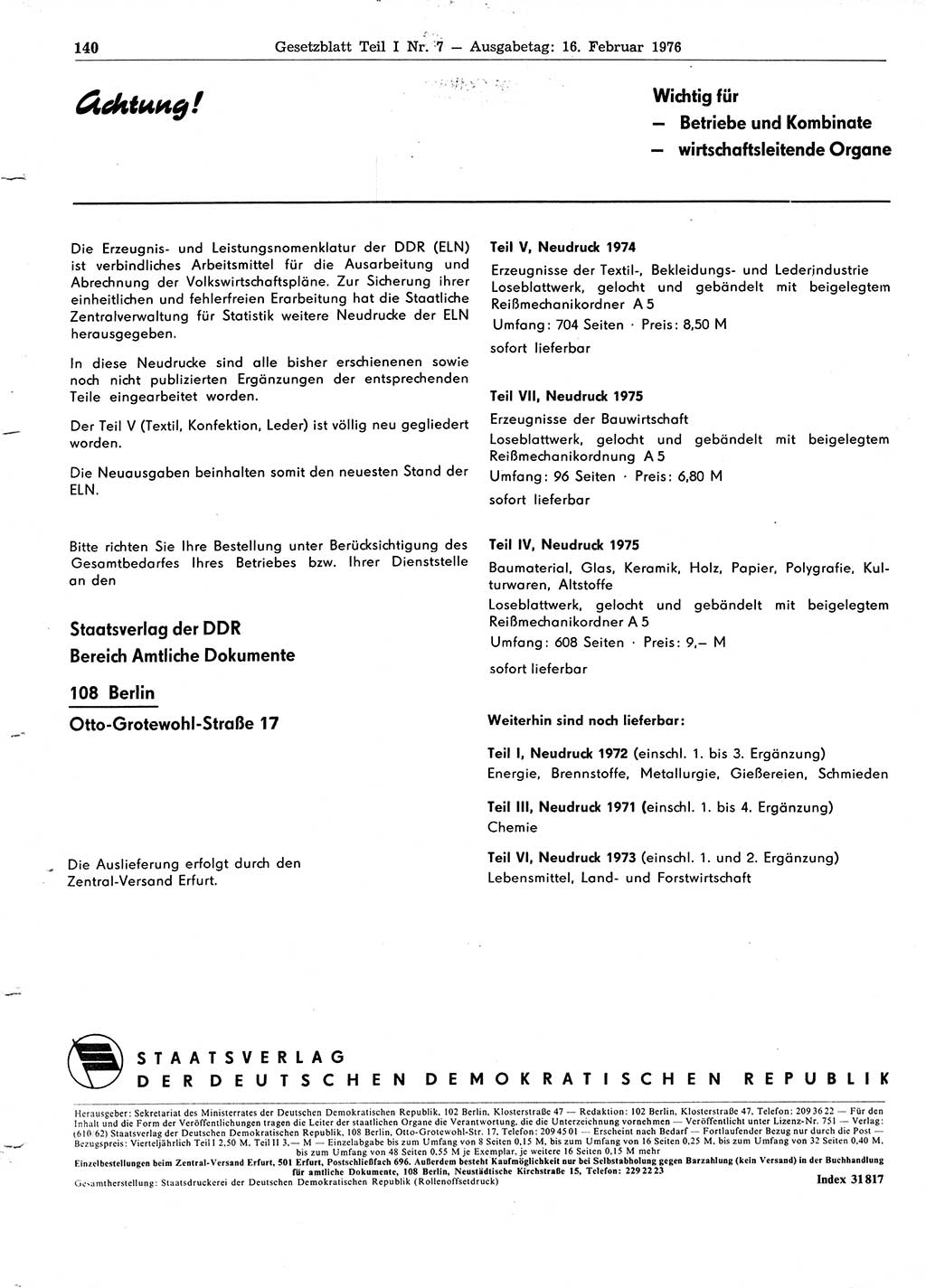 Gesetzblatt (GBl.) der Deutschen Demokratischen Republik (DDR) Teil Ⅰ 1976, Seite 140 (GBl. DDR Ⅰ 1976, S. 140)