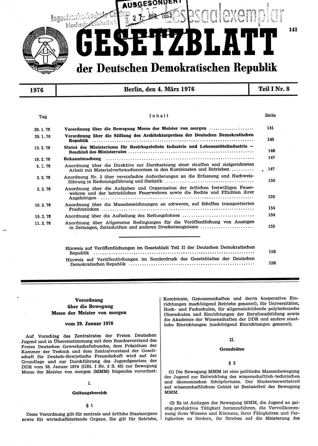 Gesetzblatt (GBl.) der Deutschen Demokratischen Republik (DDR) Teil Ⅰ 1976, Seite 141 (GBl. DDR Ⅰ 1976, S. 141)