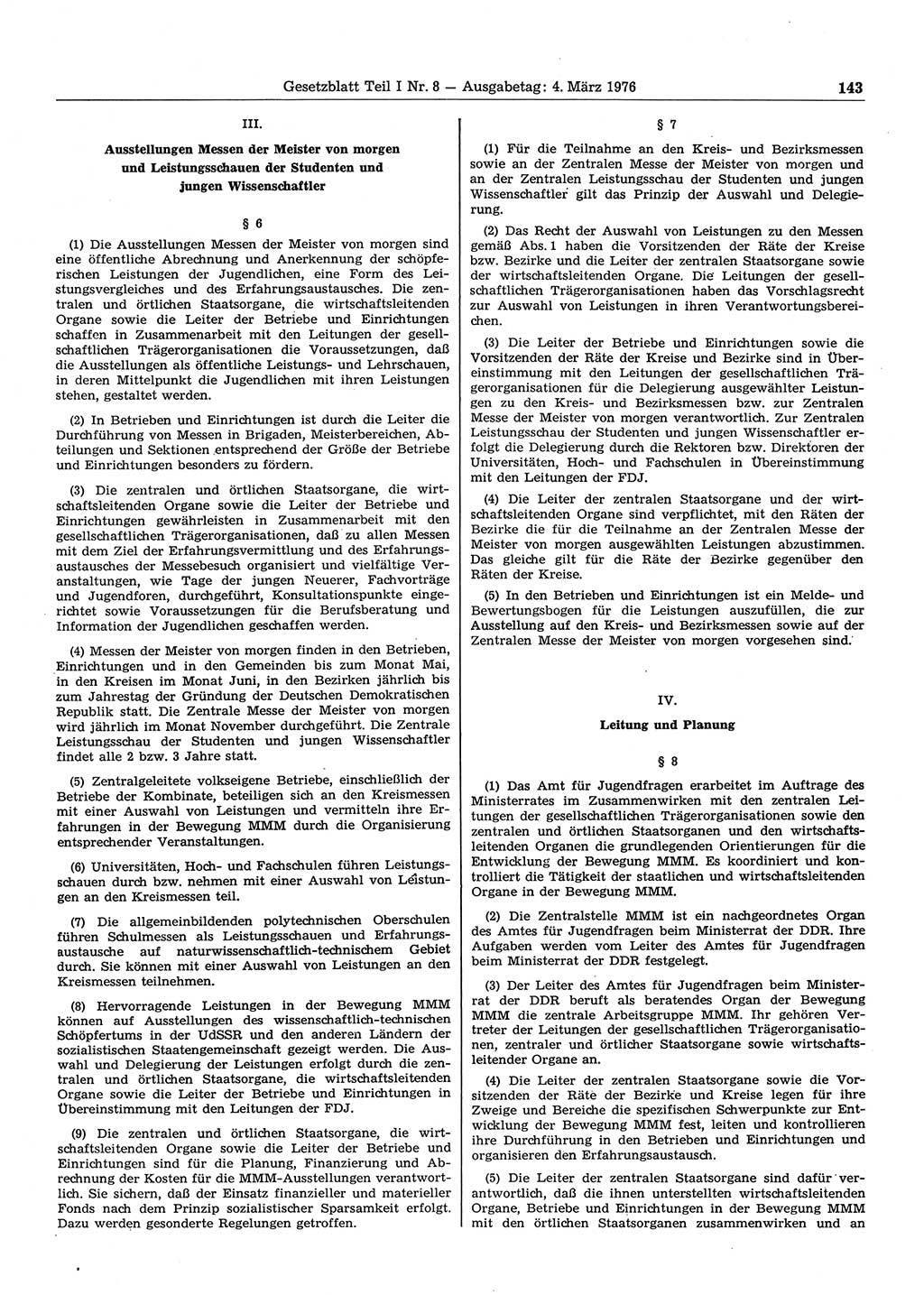 Gesetzblatt (GBl.) der Deutschen Demokratischen Republik (DDR) Teil Ⅰ 1976, Seite 143 (GBl. DDR Ⅰ 1976, S. 143)