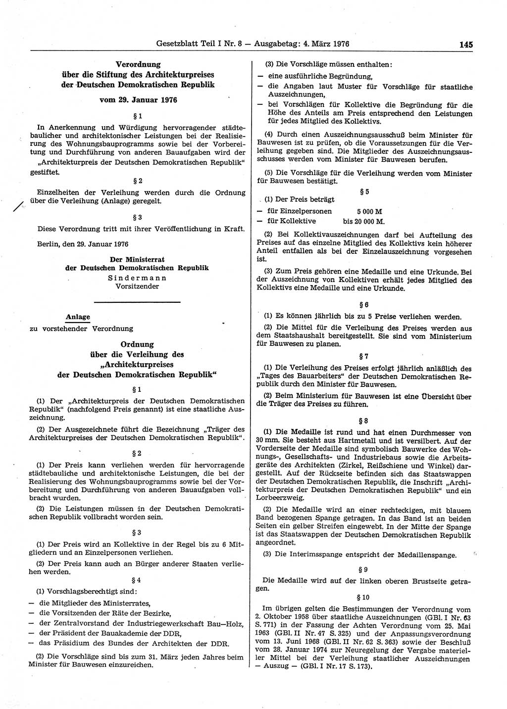 Gesetzblatt (GBl.) der Deutschen Demokratischen Republik (DDR) Teil Ⅰ 1976, Seite 145 (GBl. DDR Ⅰ 1976, S. 145)