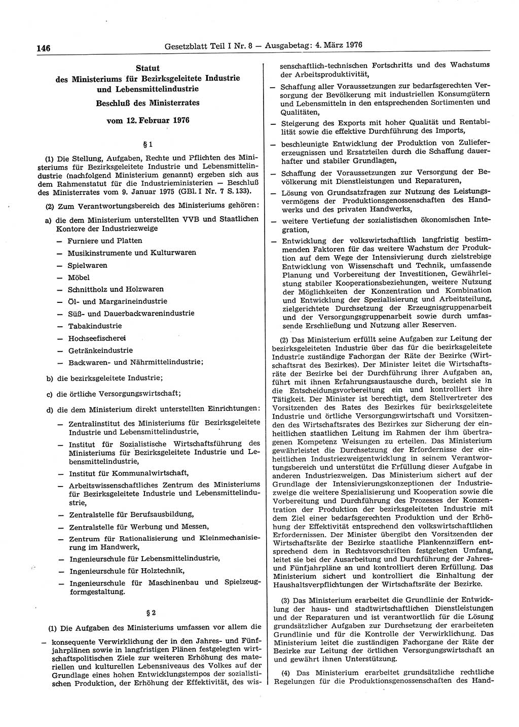 Gesetzblatt (GBl.) der Deutschen Demokratischen Republik (DDR) Teil Ⅰ 1976, Seite 146 (GBl. DDR Ⅰ 1976, S. 146)