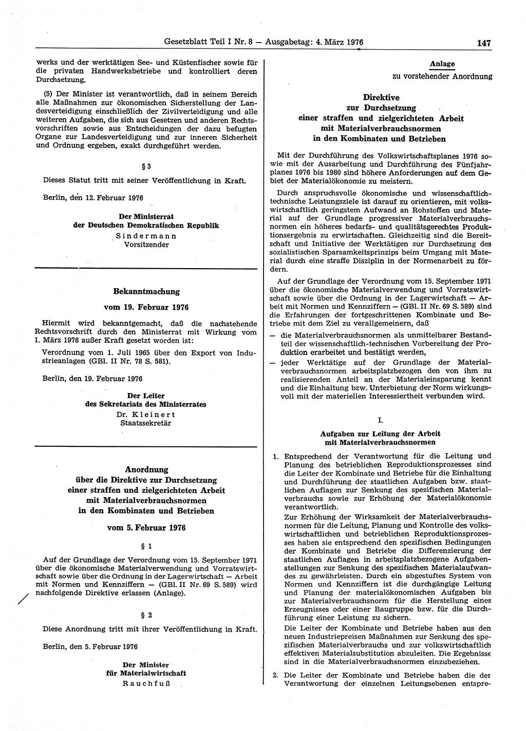Gesetzblatt (GBl.) der Deutschen Demokratischen Republik (DDR) Teil Ⅰ 1976, Seite 147 (GBl. DDR Ⅰ 1976, S. 147)