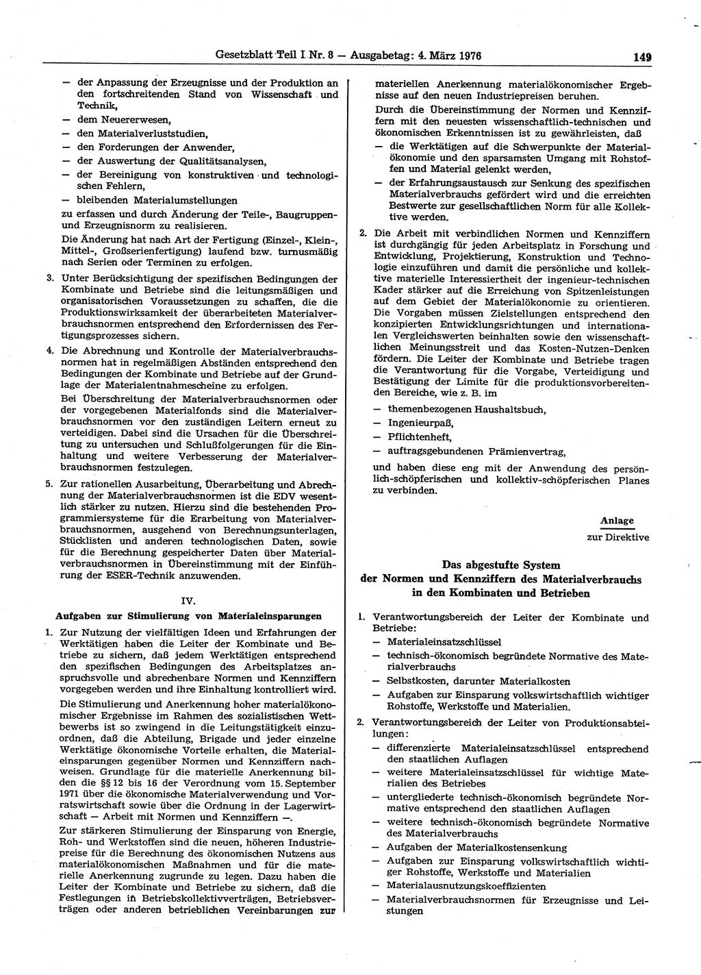 Gesetzblatt (GBl.) der Deutschen Demokratischen Republik (DDR) Teil Ⅰ 1976, Seite 149 (GBl. DDR Ⅰ 1976, S. 149)