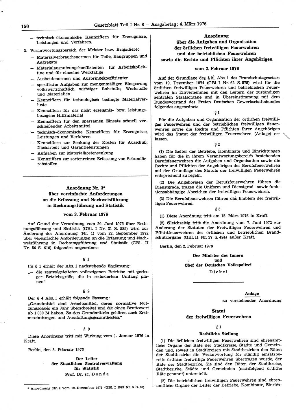 Gesetzblatt (GBl.) der Deutschen Demokratischen Republik (DDR) Teil Ⅰ 1976, Seite 150 (GBl. DDR Ⅰ 1976, S. 150)