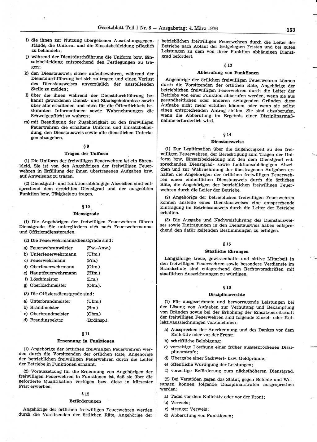 Gesetzblatt (GBl.) der Deutschen Demokratischen Republik (DDR) Teil Ⅰ 1976, Seite 153 (GBl. DDR Ⅰ 1976, S. 153)