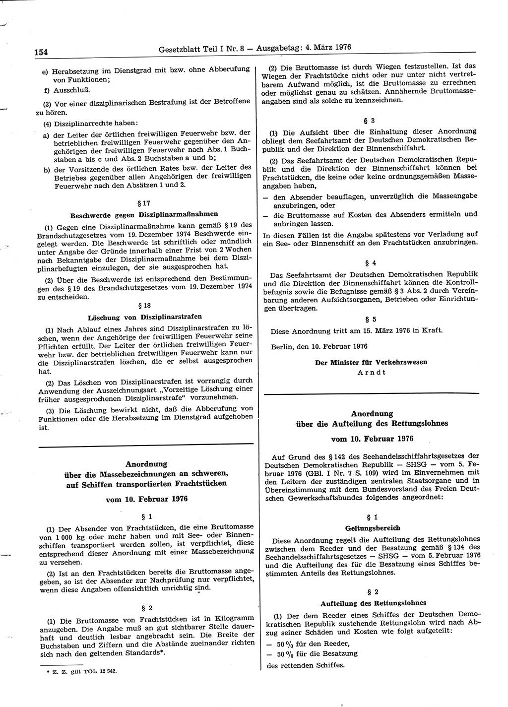Gesetzblatt (GBl.) der Deutschen Demokratischen Republik (DDR) Teil Ⅰ 1976, Seite 154 (GBl. DDR Ⅰ 1976, S. 154)