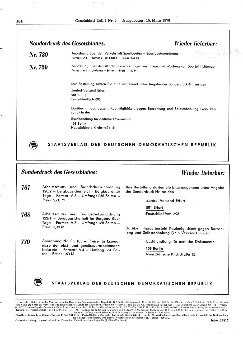 Gesetzblatt (GBl.) der Deutschen Demokratischen Republik (DDR) Teil Ⅰ 1976, Seite 164 (GBl. DDR Ⅰ 1976, S. 164)