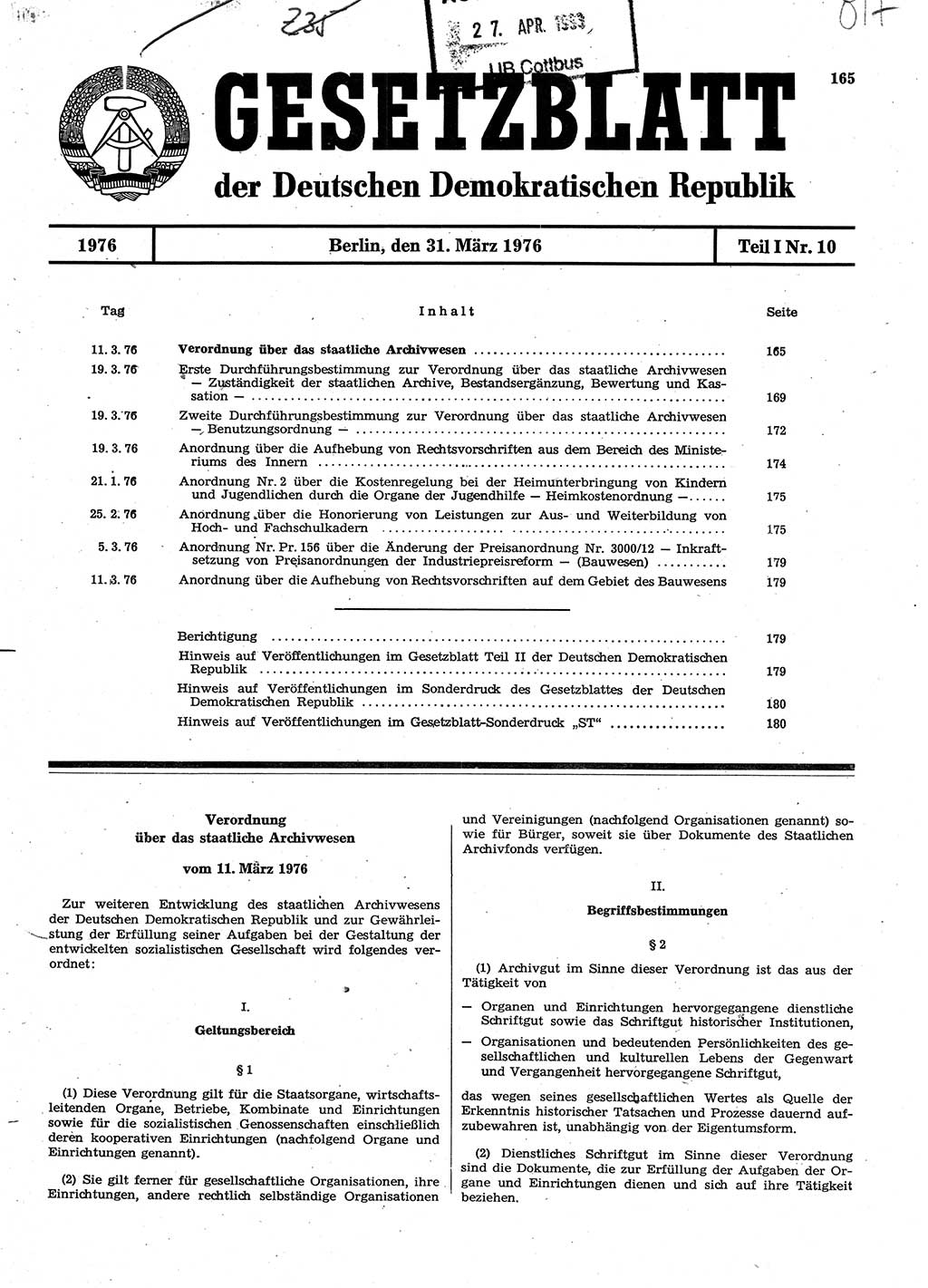 Gesetzblatt (GBl.) der Deutschen Demokratischen Republik (DDR) Teil Ⅰ 1976, Seite 165 (GBl. DDR Ⅰ 1976, S. 165)