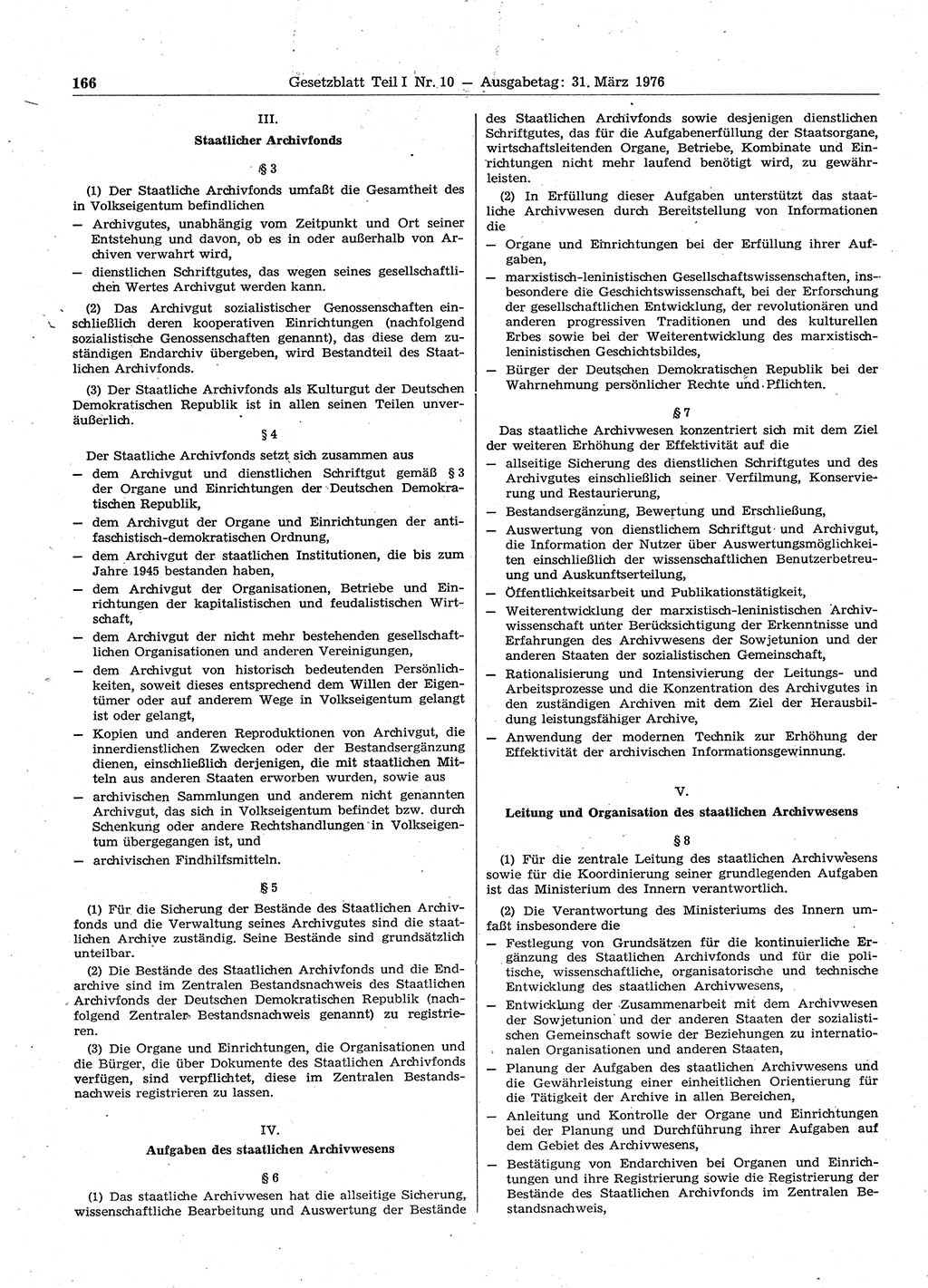 Gesetzblatt (GBl.) der Deutschen Demokratischen Republik (DDR) Teil Ⅰ 1976, Seite 166 (GBl. DDR Ⅰ 1976, S. 166)
