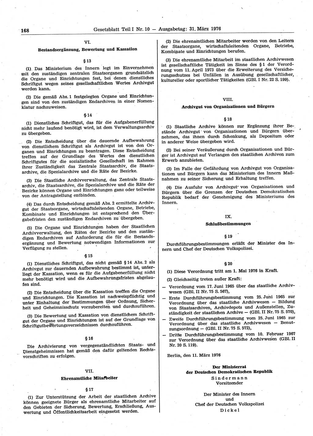 Gesetzblatt (GBl.) der Deutschen Demokratischen Republik (DDR) Teil Ⅰ 1976, Seite 168 (GBl. DDR Ⅰ 1976, S. 168)