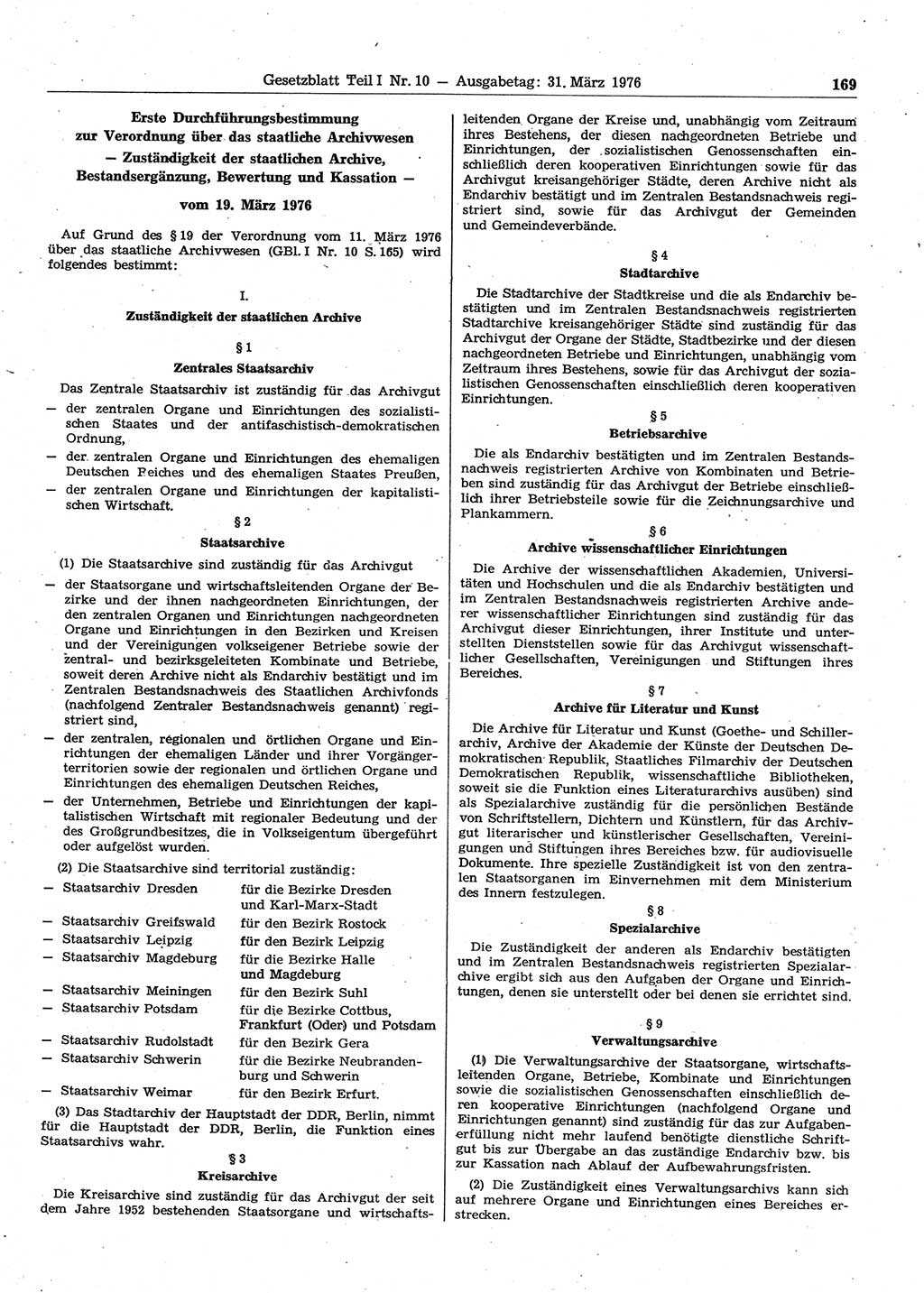 Gesetzblatt (GBl.) der Deutschen Demokratischen Republik (DDR) Teil Ⅰ 1976, Seite 169 (GBl. DDR Ⅰ 1976, S. 169)