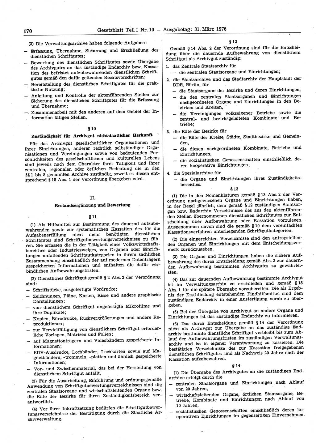 Gesetzblatt (GBl.) der Deutschen Demokratischen Republik (DDR) Teil Ⅰ 1976, Seite 170 (GBl. DDR Ⅰ 1976, S. 170)