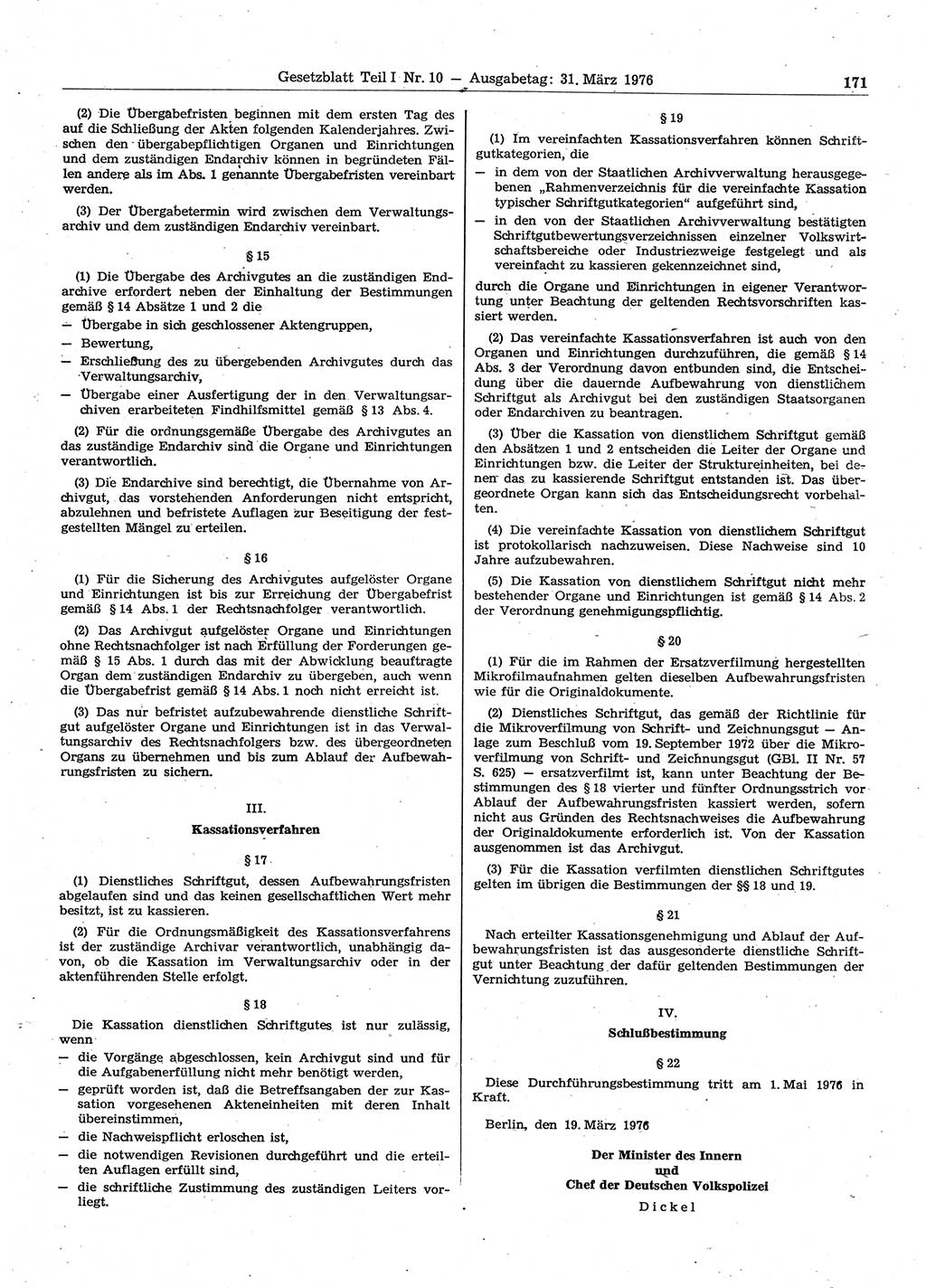 Gesetzblatt (GBl.) der Deutschen Demokratischen Republik (DDR) Teil Ⅰ 1976, Seite 171 (GBl. DDR Ⅰ 1976, S. 171)