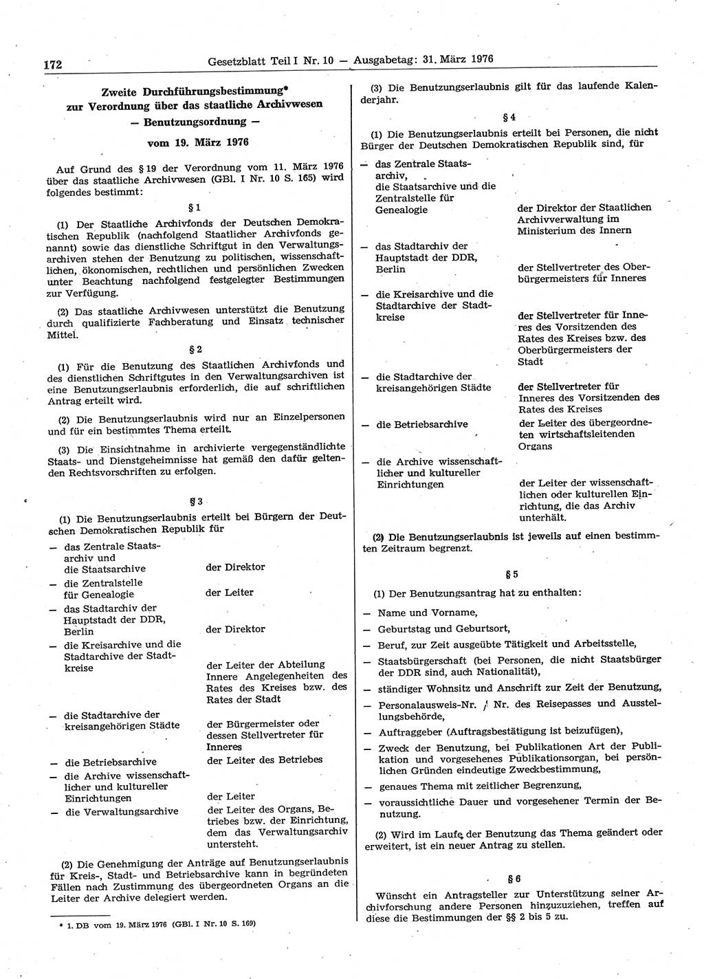 Gesetzblatt (GBl.) der Deutschen Demokratischen Republik (DDR) Teil Ⅰ 1976, Seite 172 (GBl. DDR Ⅰ 1976, S. 172)