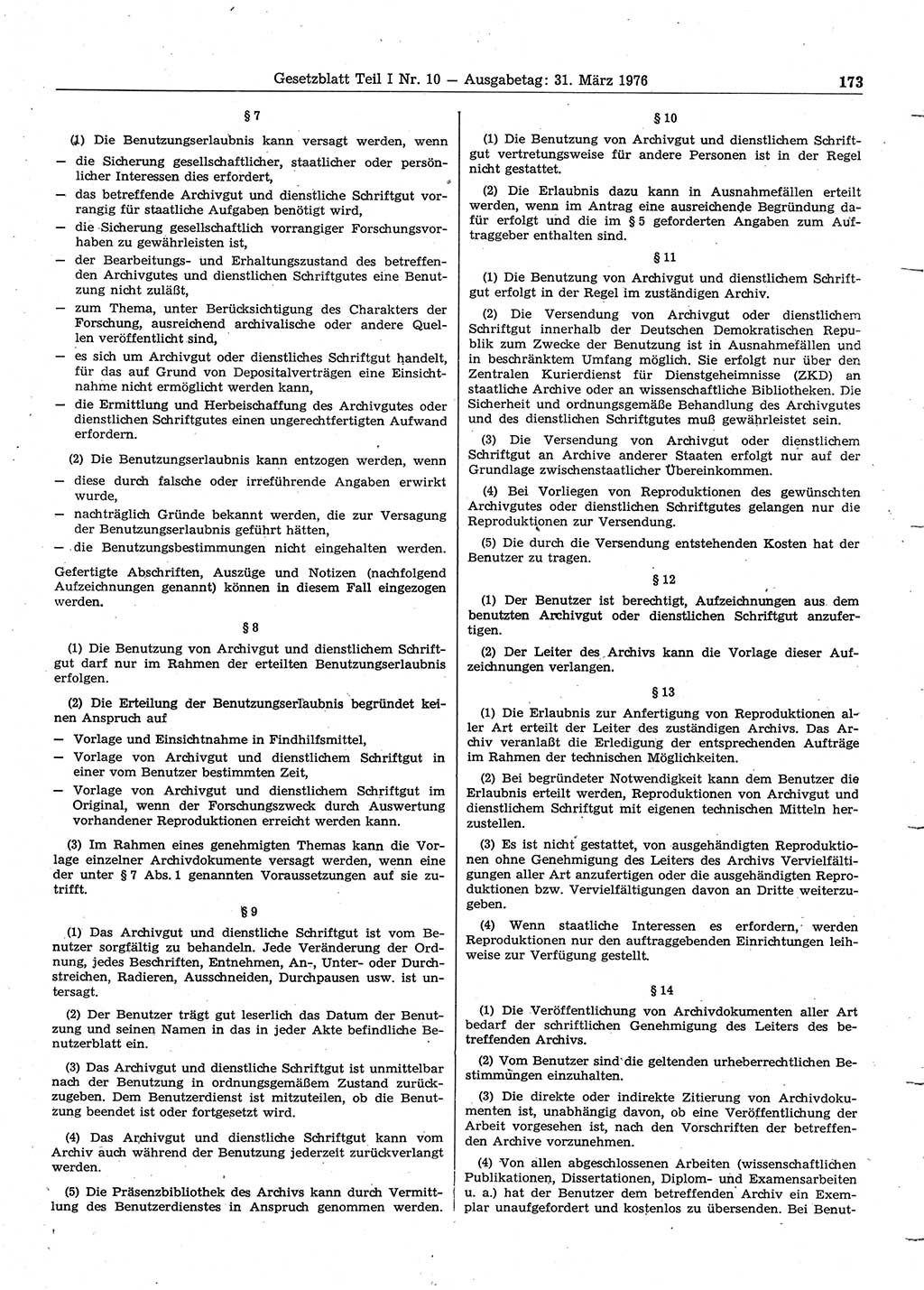 Gesetzblatt (GBl.) der Deutschen Demokratischen Republik (DDR) Teil Ⅰ 1976, Seite 173 (GBl. DDR Ⅰ 1976, S. 173)