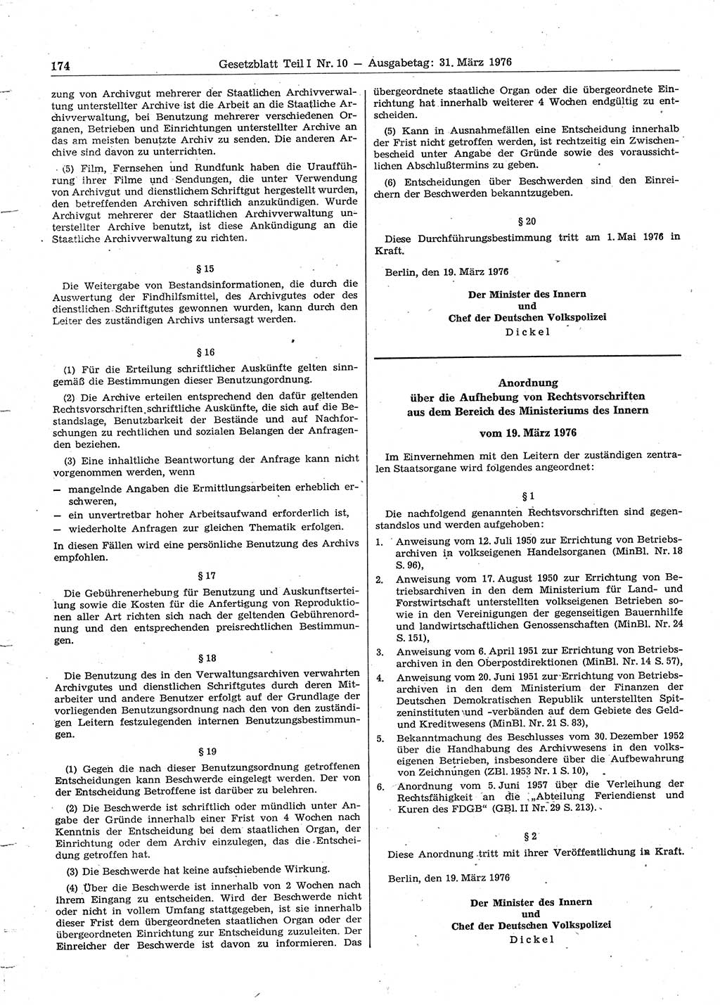 Gesetzblatt (GBl.) der Deutschen Demokratischen Republik (DDR) Teil Ⅰ 1976, Seite 174 (GBl. DDR Ⅰ 1976, S. 174)