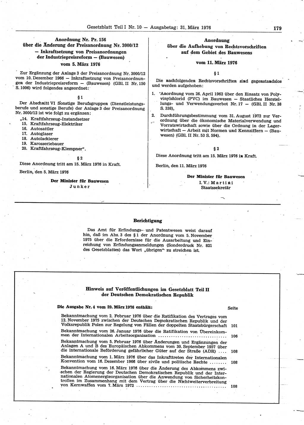 Gesetzblatt (GBl.) der Deutschen Demokratischen Republik (DDR) Teil Ⅰ 1976, Seite 179 (GBl. DDR Ⅰ 1976, S. 179)