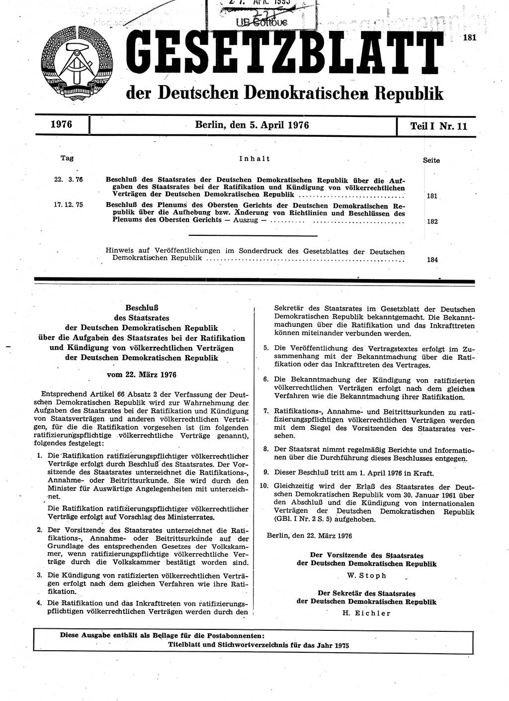 Gesetzblatt (GBl.) der Deutschen Demokratischen Republik (DDR) Teil Ⅰ 1976, Seite 181 (GBl. DDR Ⅰ 1976, S. 181)