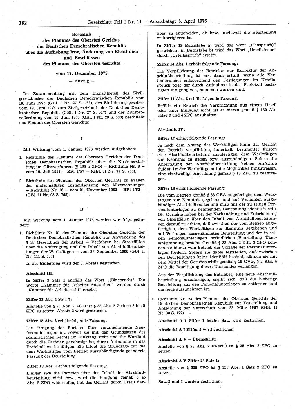 Gesetzblatt (GBl.) der Deutschen Demokratischen Republik (DDR) Teil Ⅰ 1976, Seite 182 (GBl. DDR Ⅰ 1976, S. 182)
