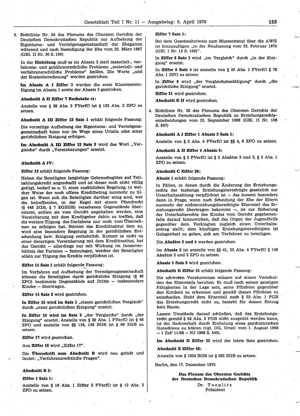 Gesetzblatt (GBl.) der Deutschen Demokratischen Republik (DDR) Teil Ⅰ 1976, Seite 183 (GBl. DDR Ⅰ 1976, S. 183)