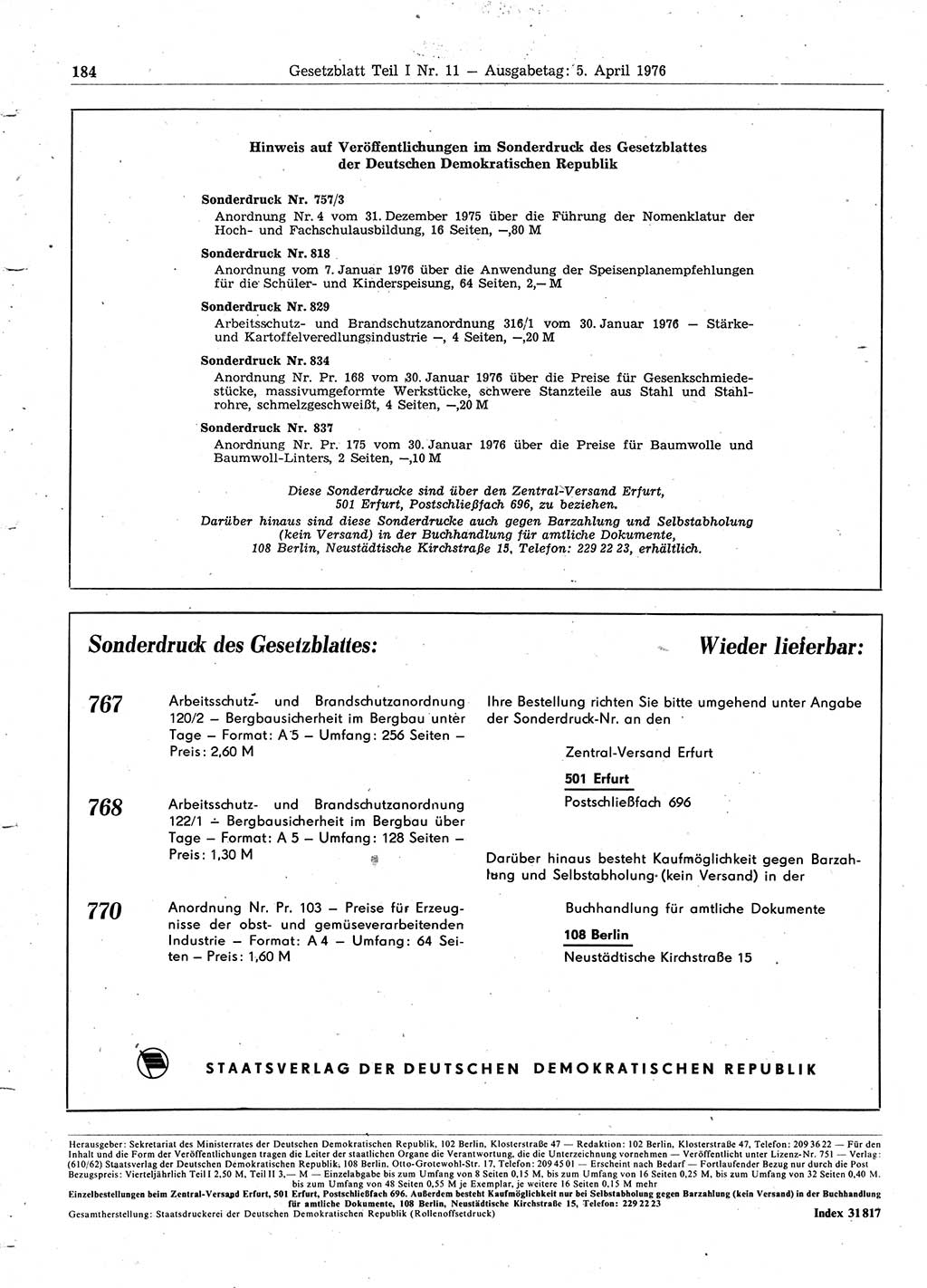 Gesetzblatt (GBl.) der Deutschen Demokratischen Republik (DDR) Teil Ⅰ 1976, Seite 184 (GBl. DDR Ⅰ 1976, S. 184)