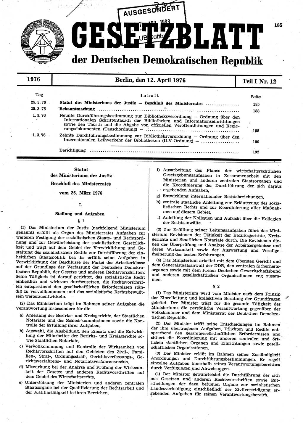 Gesetzblatt (GBl.) der Deutschen Demokratischen Republik (DDR) Teil Ⅰ 1976, Seite 185 (GBl. DDR Ⅰ 1976, S. 185)