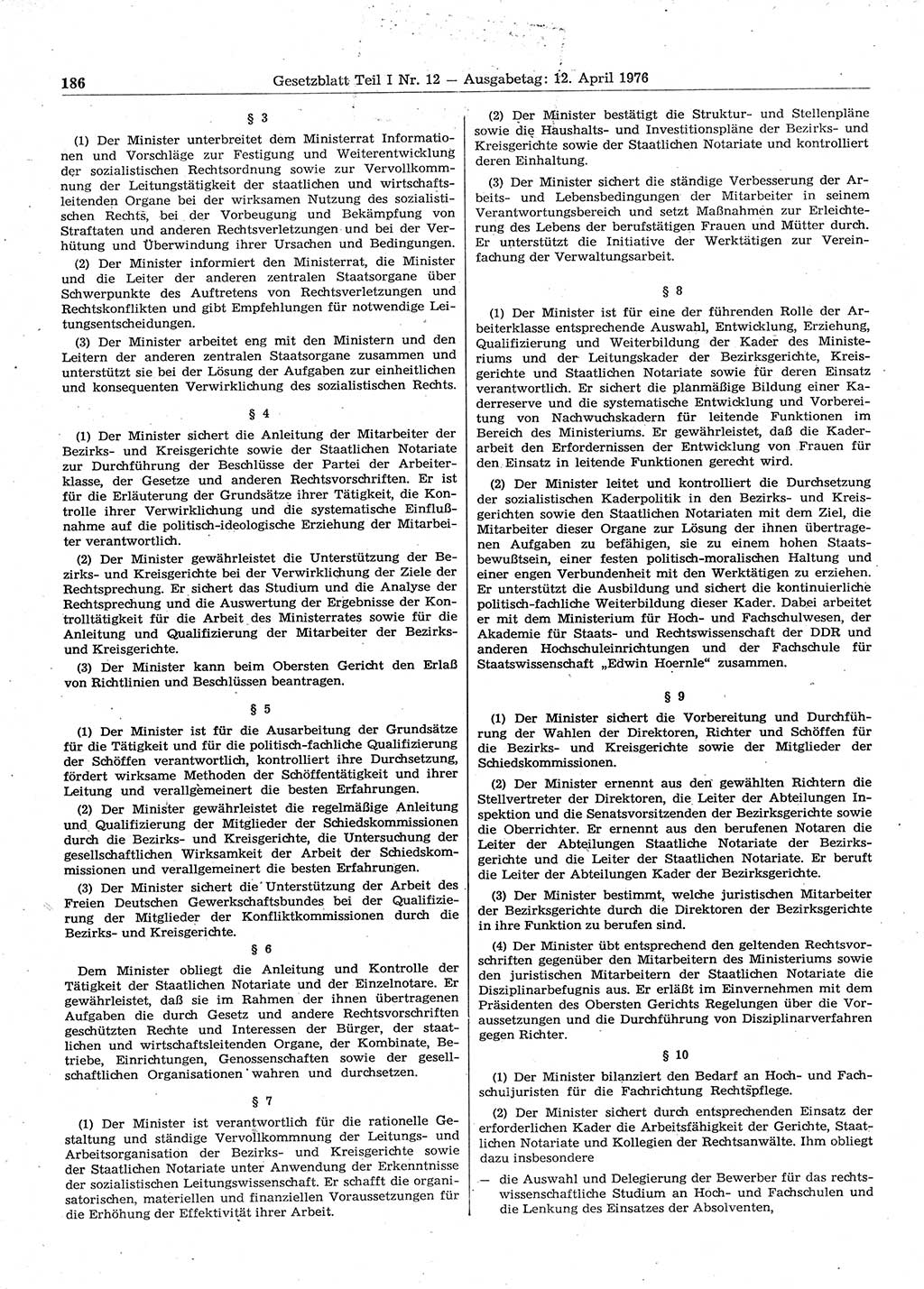 Gesetzblatt (GBl.) der Deutschen Demokratischen Republik (DDR) Teil Ⅰ 1976, Seite 186 (GBl. DDR Ⅰ 1976, S. 186)