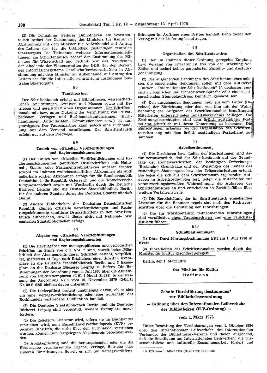 Gesetzblatt (GBl.) der Deutschen Demokratischen Republik (DDR) Teil Ⅰ 1976, Seite 190 (GBl. DDR Ⅰ 1976, S. 190)