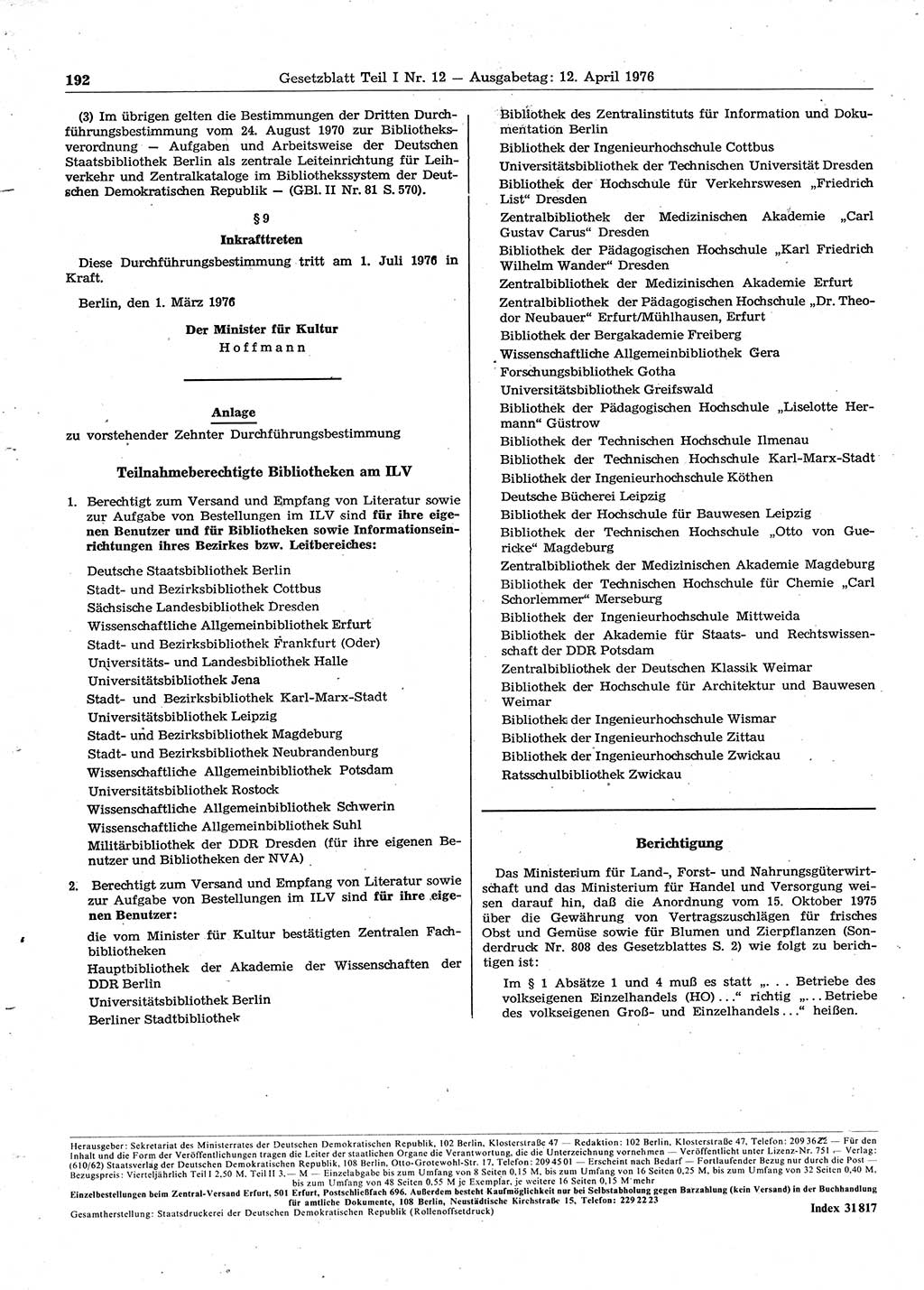 Gesetzblatt (GBl.) der Deutschen Demokratischen Republik (DDR) Teil Ⅰ 1976, Seite 192 (GBl. DDR Ⅰ 1976, S. 192)
