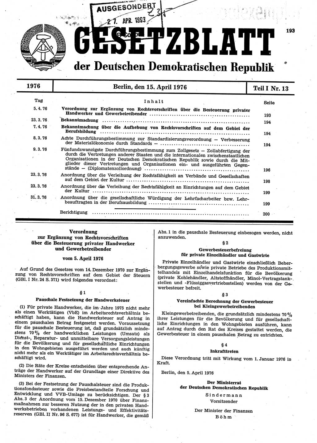 Gesetzblatt (GBl.) der Deutschen Demokratischen Republik (DDR) Teil Ⅰ 1976, Seite 193 (GBl. DDR Ⅰ 1976, S. 193)