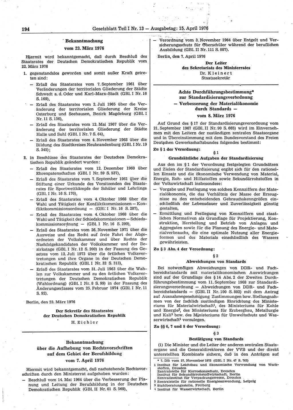 Gesetzblatt (GBl.) der Deutschen Demokratischen Republik (DDR) Teil Ⅰ 1976, Seite 194 (GBl. DDR Ⅰ 1976, S. 194)