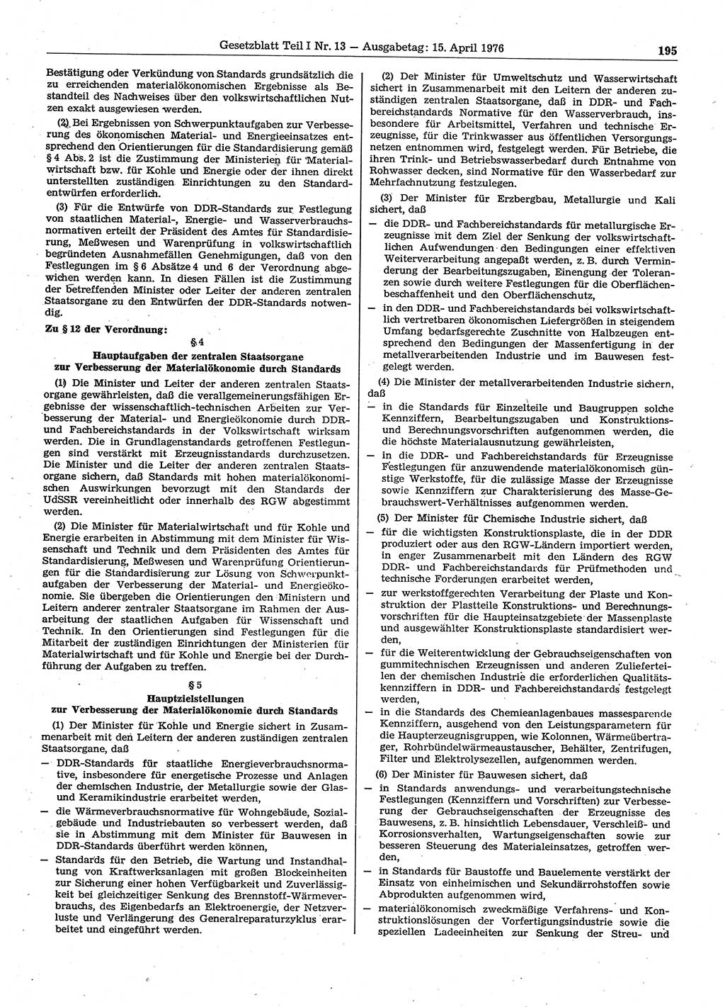 Gesetzblatt (GBl.) der Deutschen Demokratischen Republik (DDR) Teil Ⅰ 1976, Seite 195 (GBl. DDR Ⅰ 1976, S. 195)