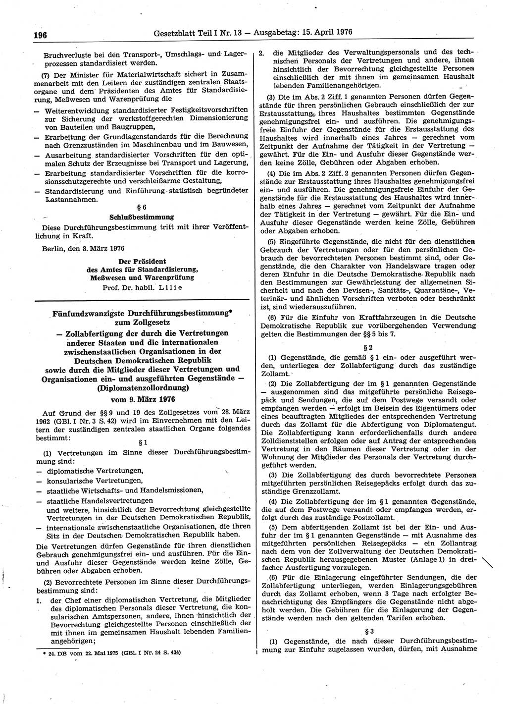 Gesetzblatt (GBl.) der Deutschen Demokratischen Republik (DDR) Teil Ⅰ 1976, Seite 196 (GBl. DDR Ⅰ 1976, S. 196)