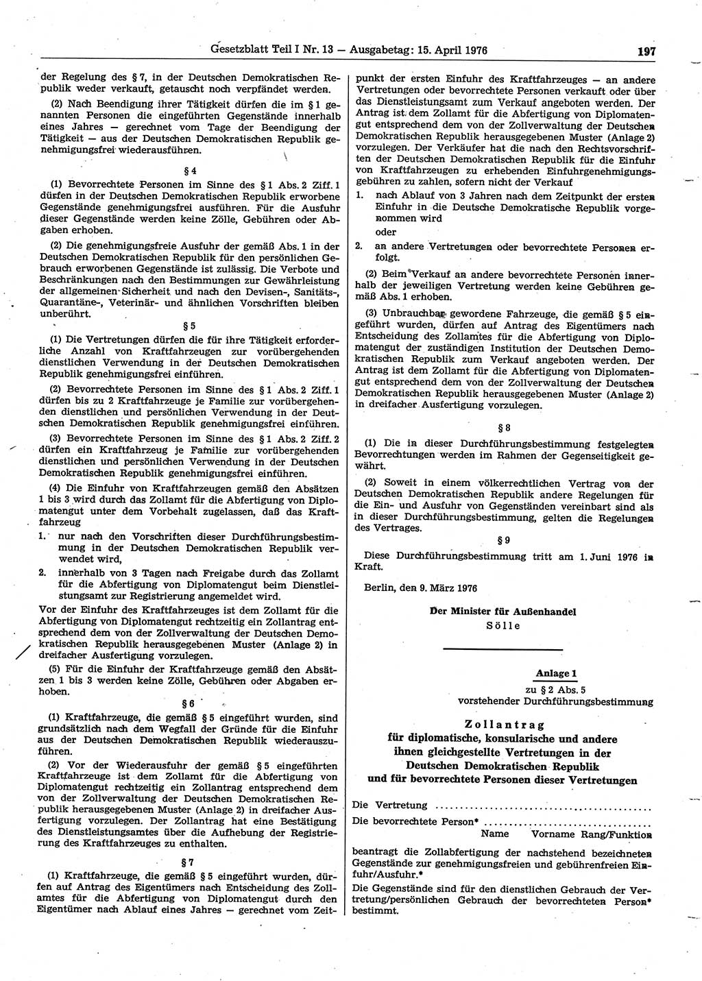 Gesetzblatt (GBl.) der Deutschen Demokratischen Republik (DDR) Teil Ⅰ 1976, Seite 197 (GBl. DDR Ⅰ 1976, S. 197)
