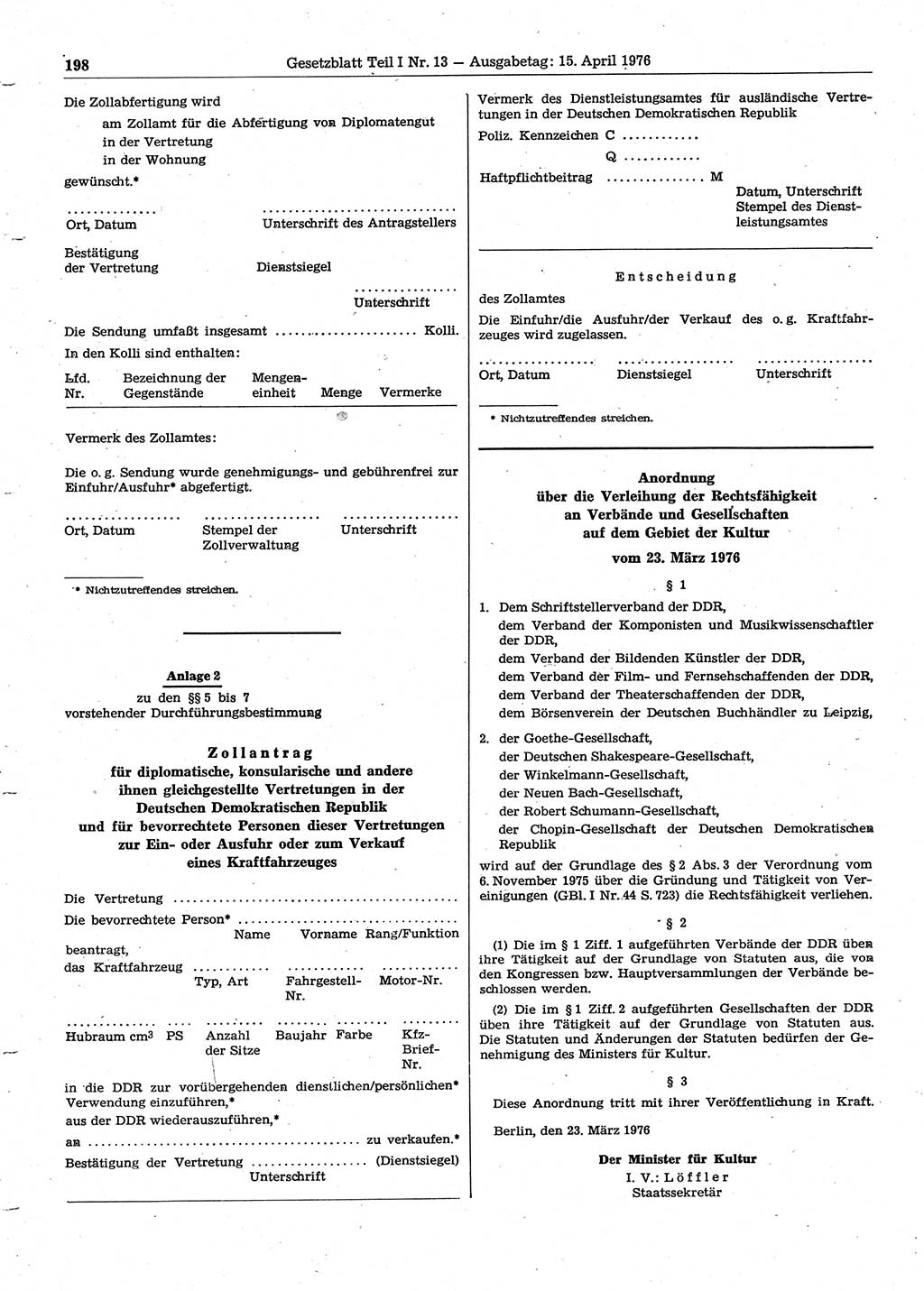 Gesetzblatt (GBl.) der Deutschen Demokratischen Republik (DDR) Teil Ⅰ 1976, Seite 198 (GBl. DDR Ⅰ 1976, S. 198)