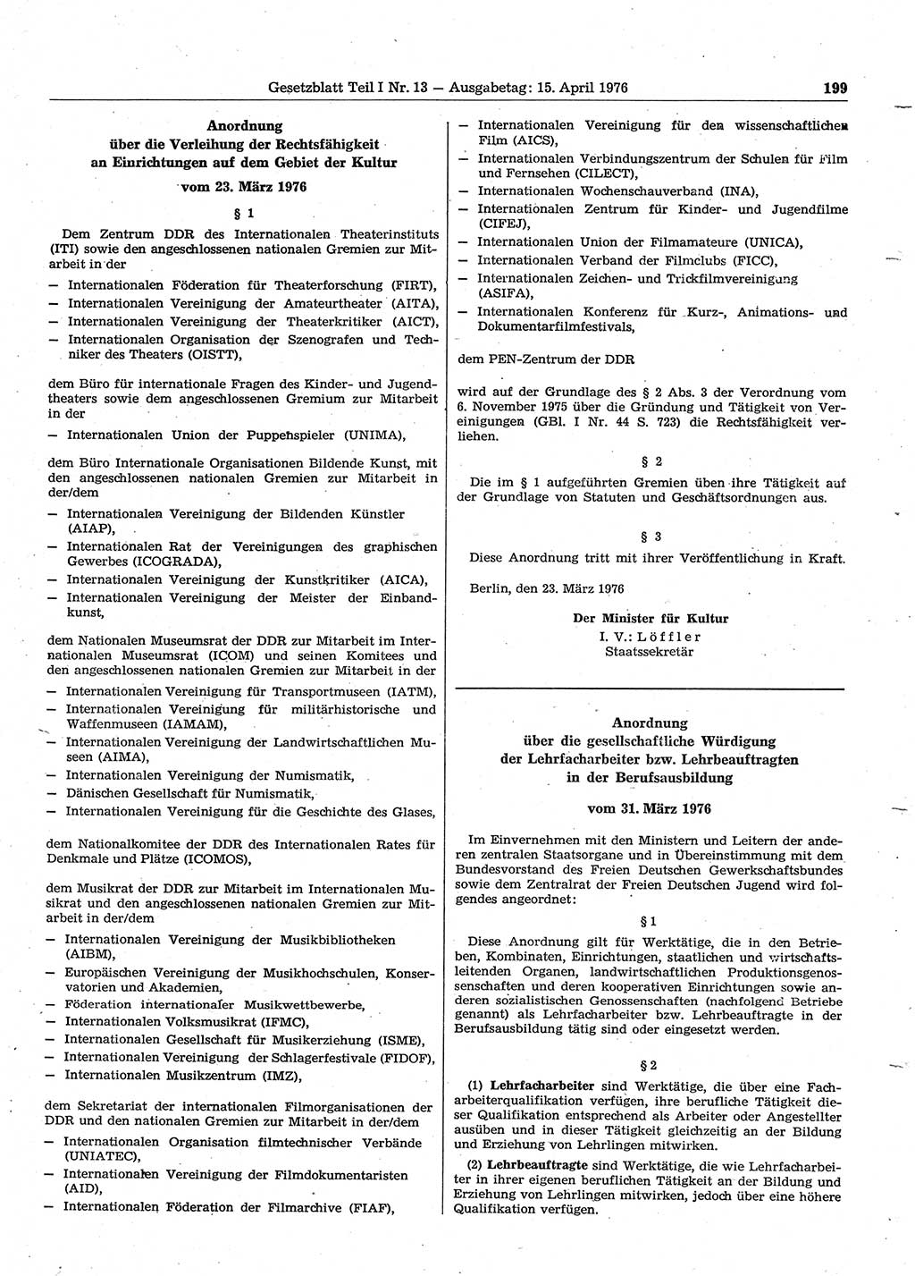 Gesetzblatt (GBl.) der Deutschen Demokratischen Republik (DDR) Teil Ⅰ 1976, Seite 199 (GBl. DDR Ⅰ 1976, S. 199)