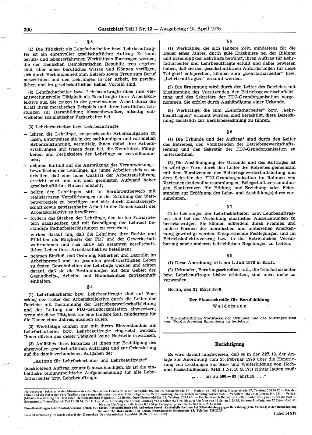 Gesetzblatt (GBl.) der Deutschen Demokratischen Republik (DDR) Teil Ⅰ 1976, Seite 200 (GBl. DDR Ⅰ 1976, S. 200)