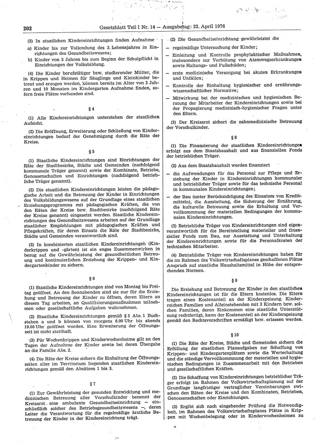 Gesetzblatt (GBl.) der Deutschen Demokratischen Republik (DDR) Teil Ⅰ 1976, Seite 202 (GBl. DDR Ⅰ 1976, S. 202)