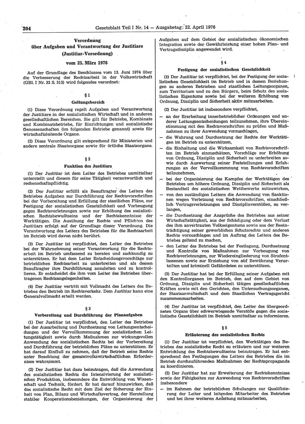 Gesetzblatt (GBl.) der Deutschen Demokratischen Republik (DDR) Teil Ⅰ 1976, Seite 204 (GBl. DDR Ⅰ 1976, S. 204)