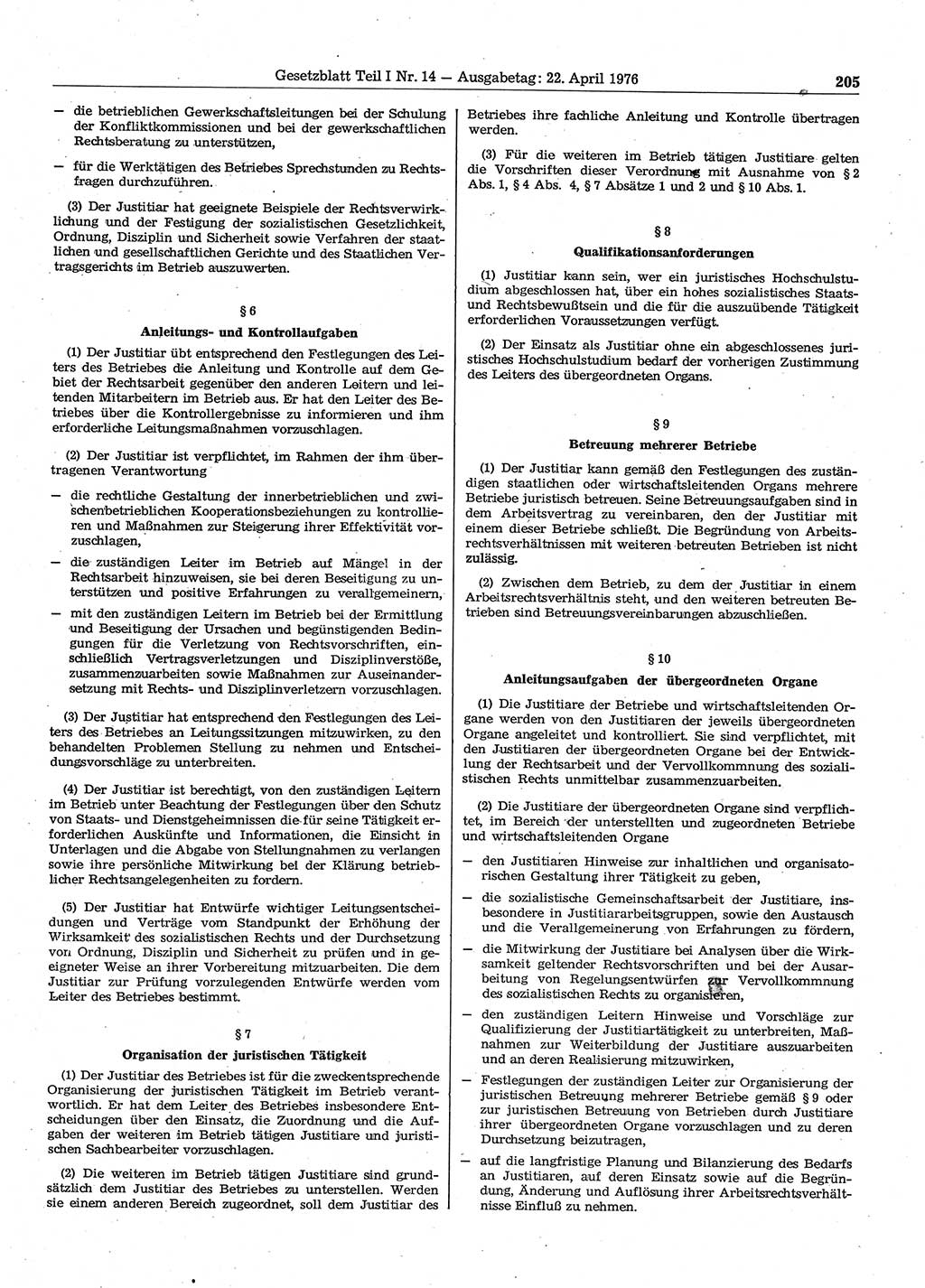 Gesetzblatt (GBl.) der Deutschen Demokratischen Republik (DDR) Teil Ⅰ 1976, Seite 205 (GBl. DDR Ⅰ 1976, S. 205)