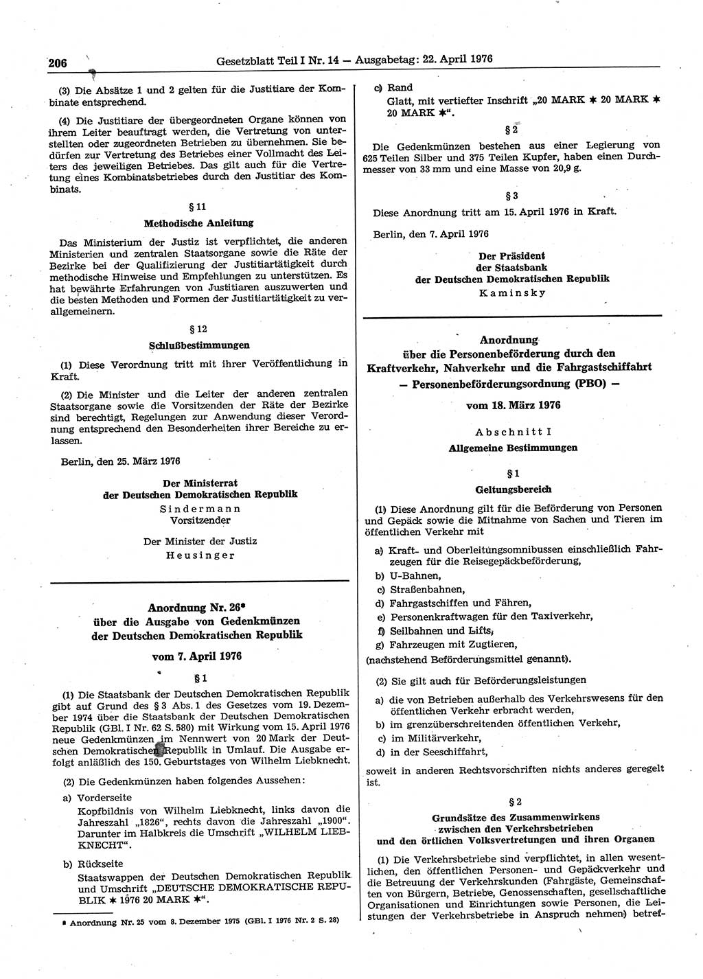 Gesetzblatt (GBl.) der Deutschen Demokratischen Republik (DDR) Teil Ⅰ 1976, Seite 206 (GBl. DDR Ⅰ 1976, S. 206)