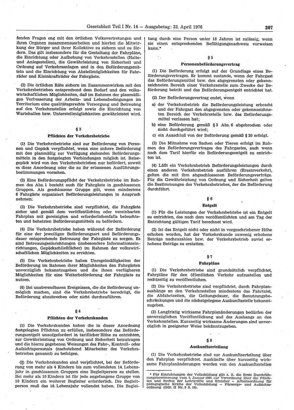 Gesetzblatt (GBl.) der Deutschen Demokratischen Republik (DDR) Teil Ⅰ 1976, Seite 207 (GBl. DDR Ⅰ 1976, S. 207)
