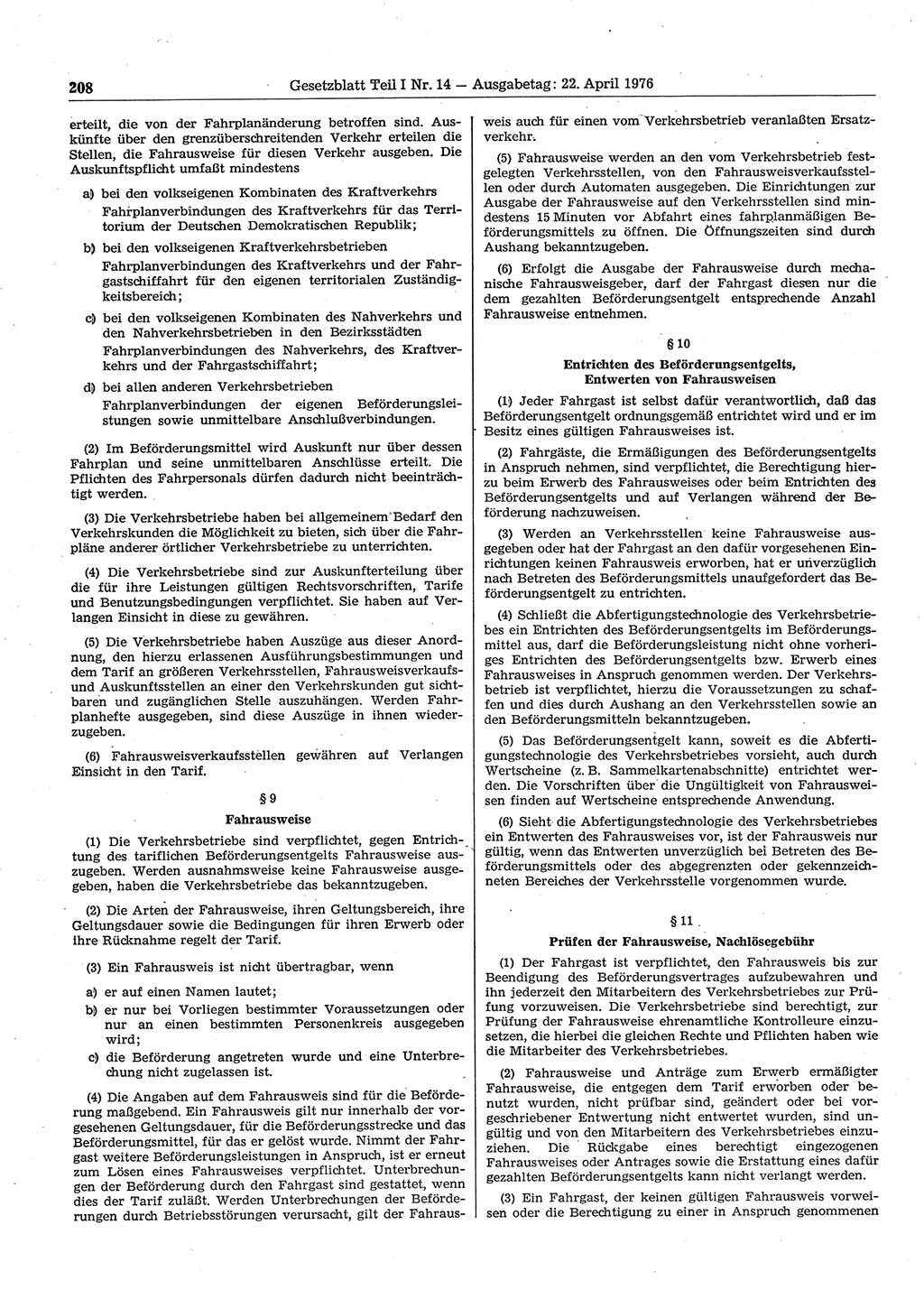 Gesetzblatt (GBl.) der Deutschen Demokratischen Republik (DDR) Teil Ⅰ 1976, Seite 208 (GBl. DDR Ⅰ 1976, S. 208)