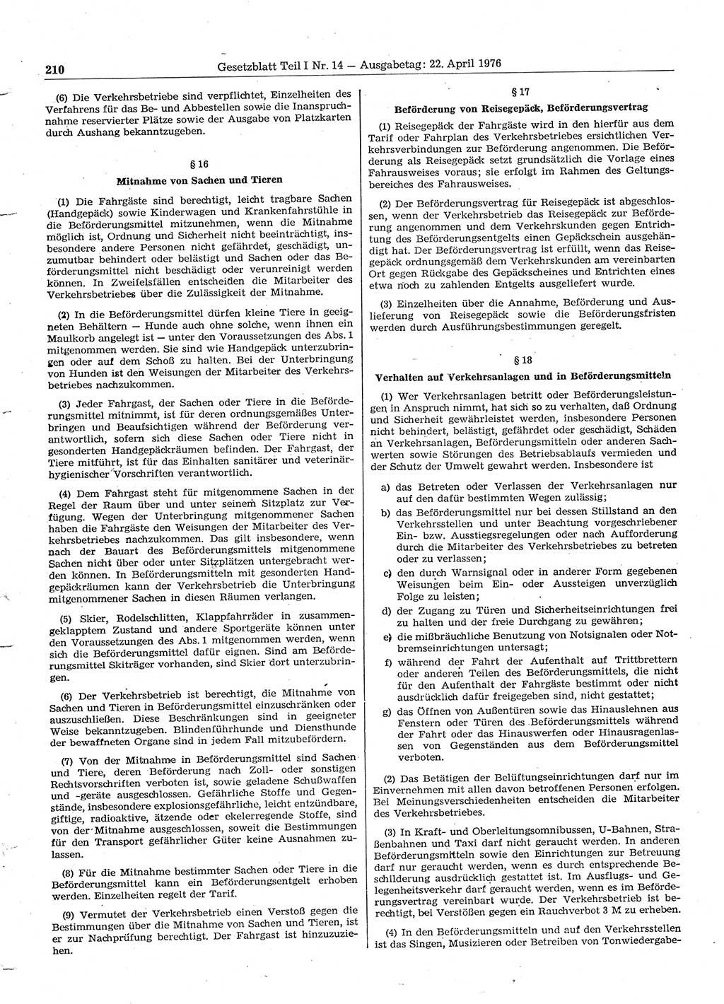Gesetzblatt (GBl.) der Deutschen Demokratischen Republik (DDR) Teil Ⅰ 1976, Seite 210 (GBl. DDR Ⅰ 1976, S. 210)